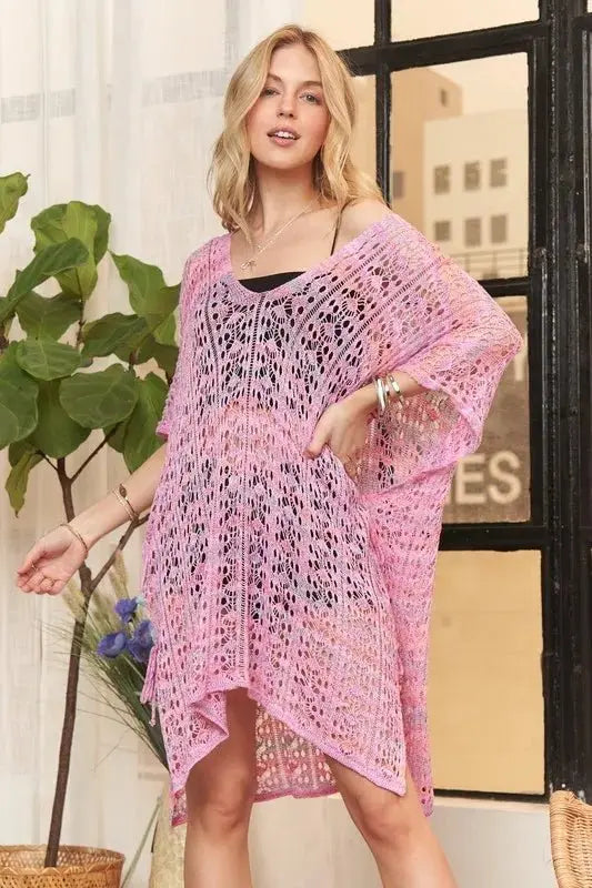 Adora Crochet Cover Up Tunic Top Sheer High Low Openwork Summer Beachwear - Love Salve
